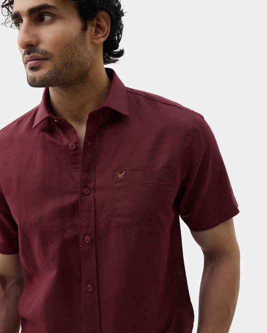 Wine Red Half Sleeve Linen Solid Shirt - Cleo