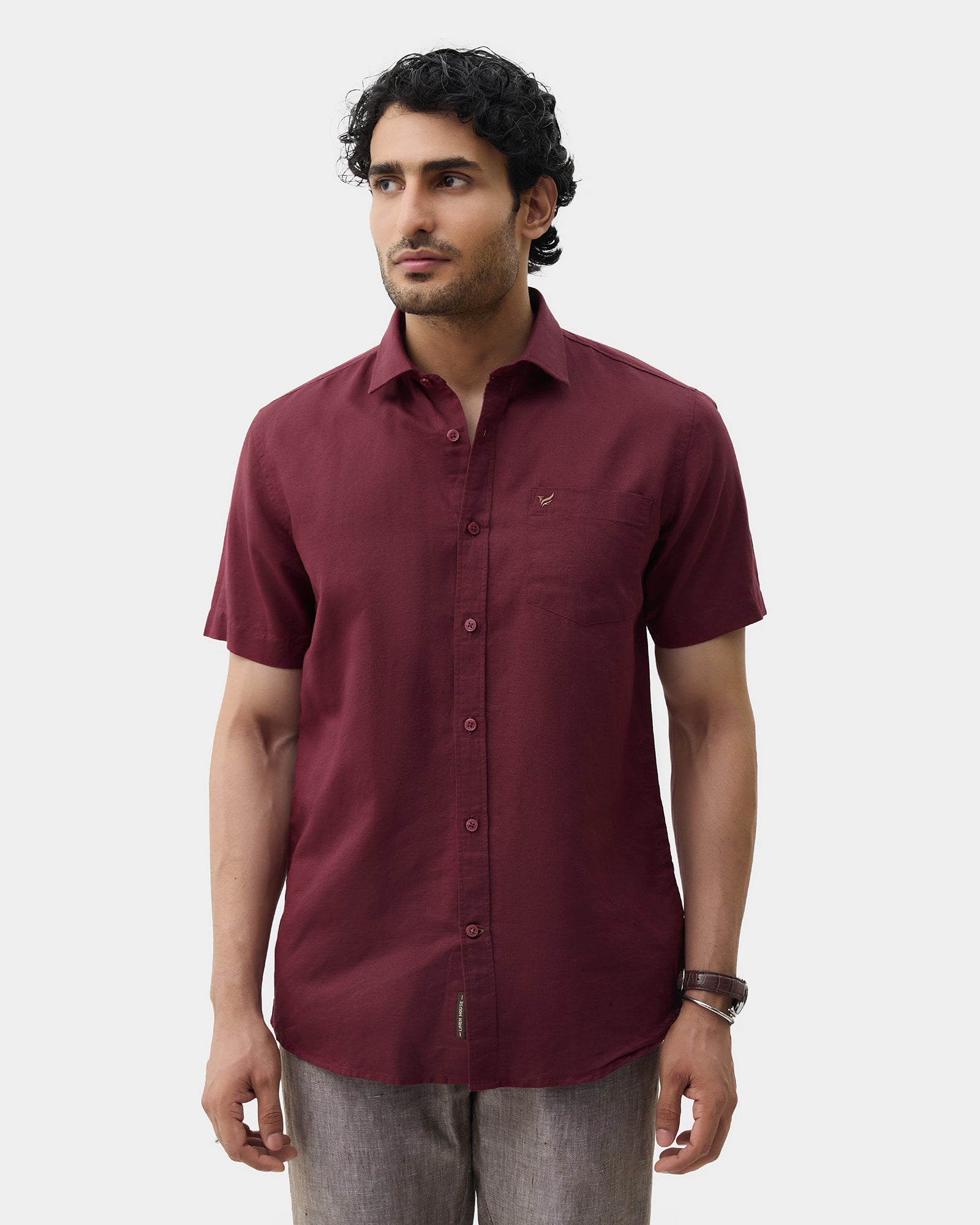 Wine Red Half Sleeve Linen Solid Shirt - Cleo