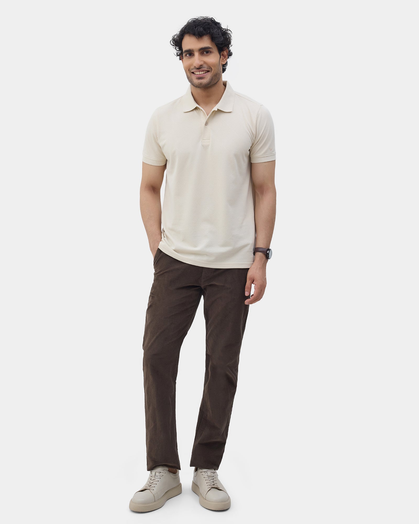 Almond Beige Textured Polo - Lina