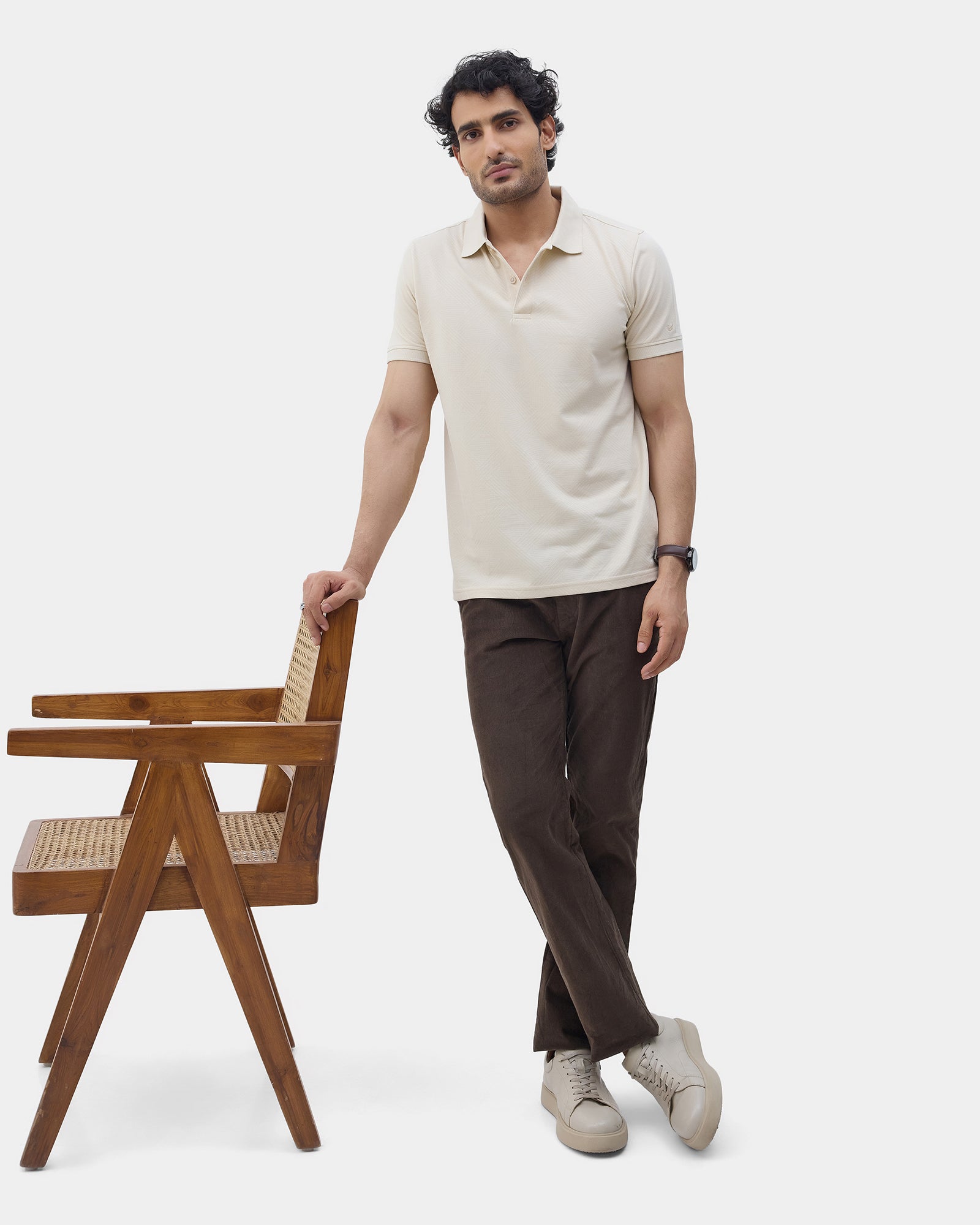 Almond Beige Textured Polo - Lina