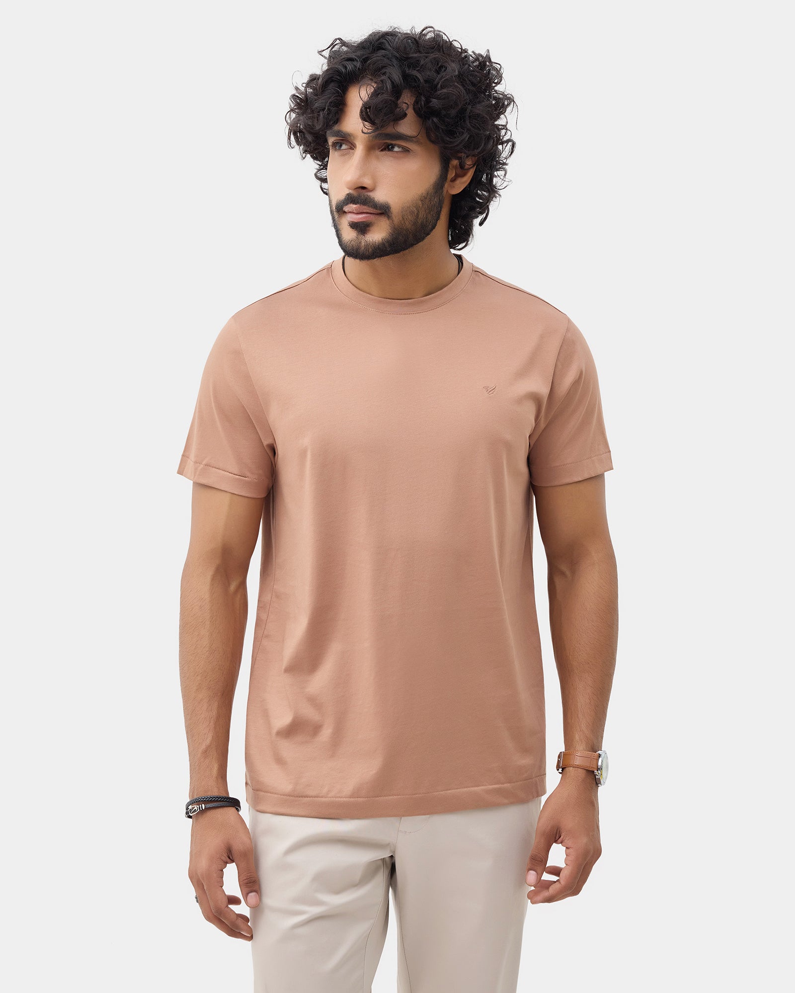 Beaver Brown Crew Neck Solid T-Shirt - Ginjiro
