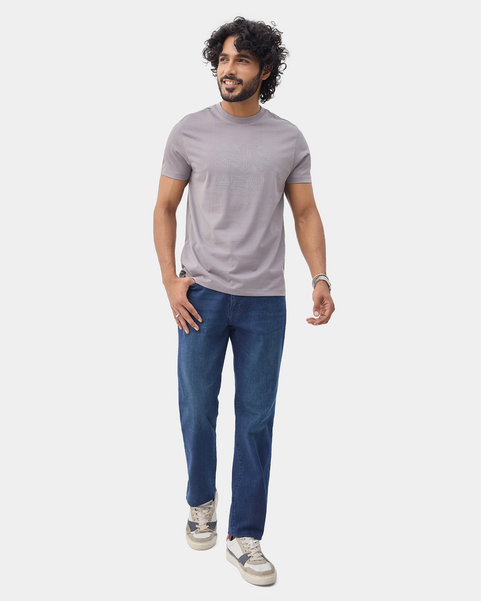 Front Gray Crew Neck Printed T-Shirt - Kamigata