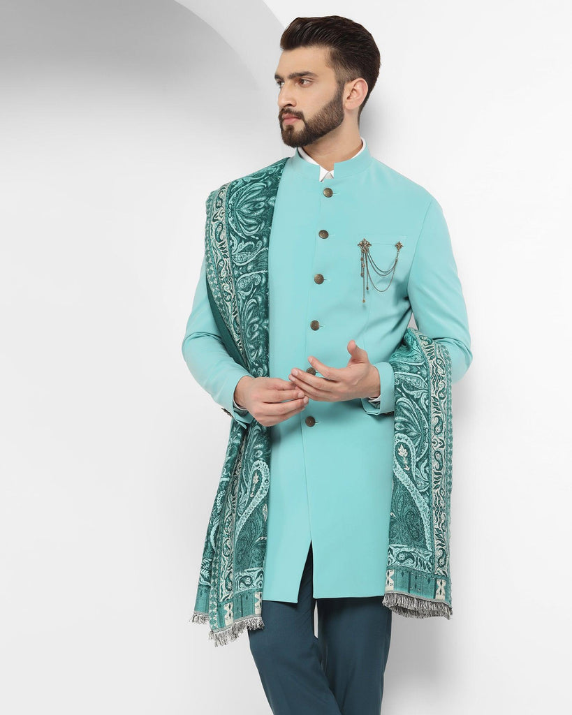 Swarn Two Piece Mint Solid Achkan Set - Richard