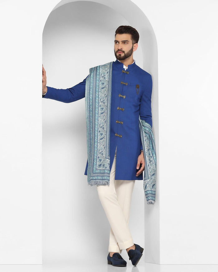 Swarn Two Piece Royal Blue Solid Achkan Set - Tentor