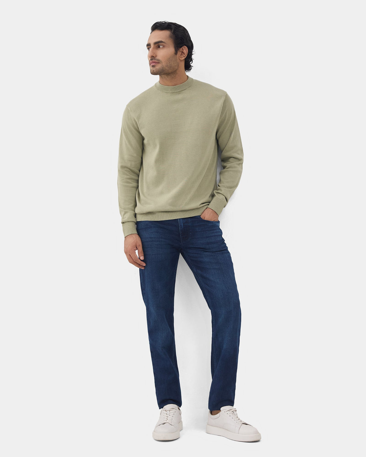 Fern Green Crew Neck Solid Sweater - Mario