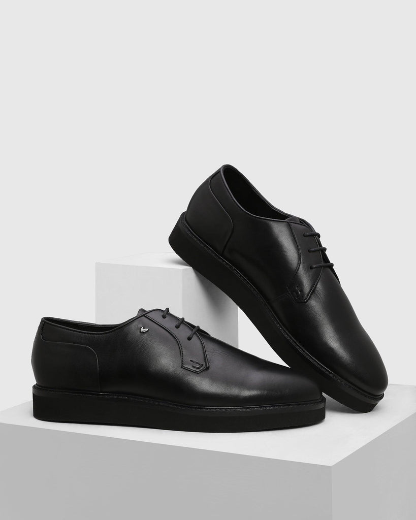 Leather Formal Black Solid Derby Shoes - Prex