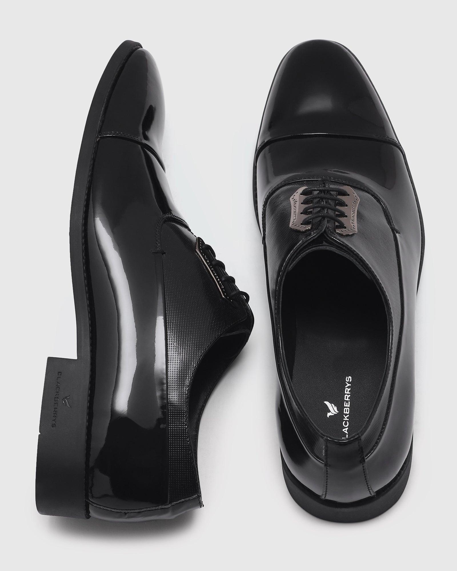 Leather Formal Black Solid Oxford Shoes - Purse