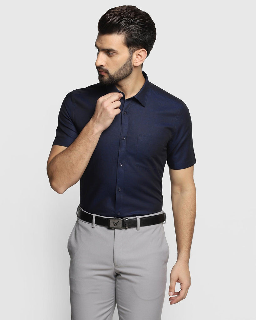 Linen Formal Half Sleeve Blue Solid Shirt - Dino