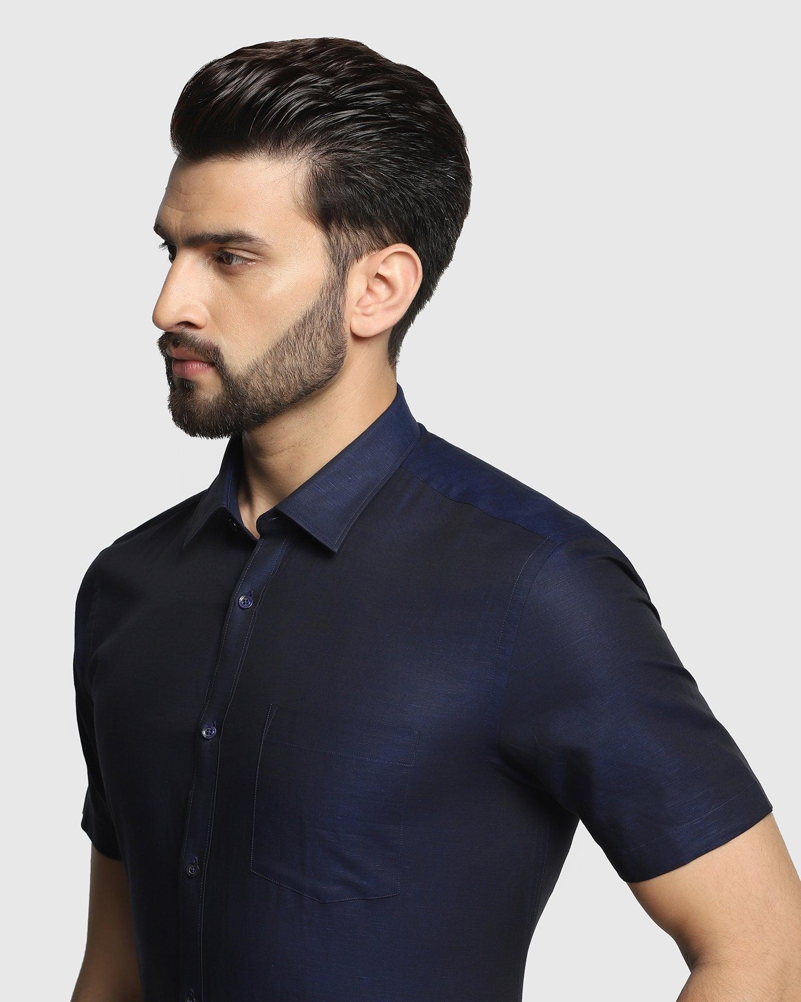 Linen Formal Half Sleeve Blue Solid Shirt - Dino