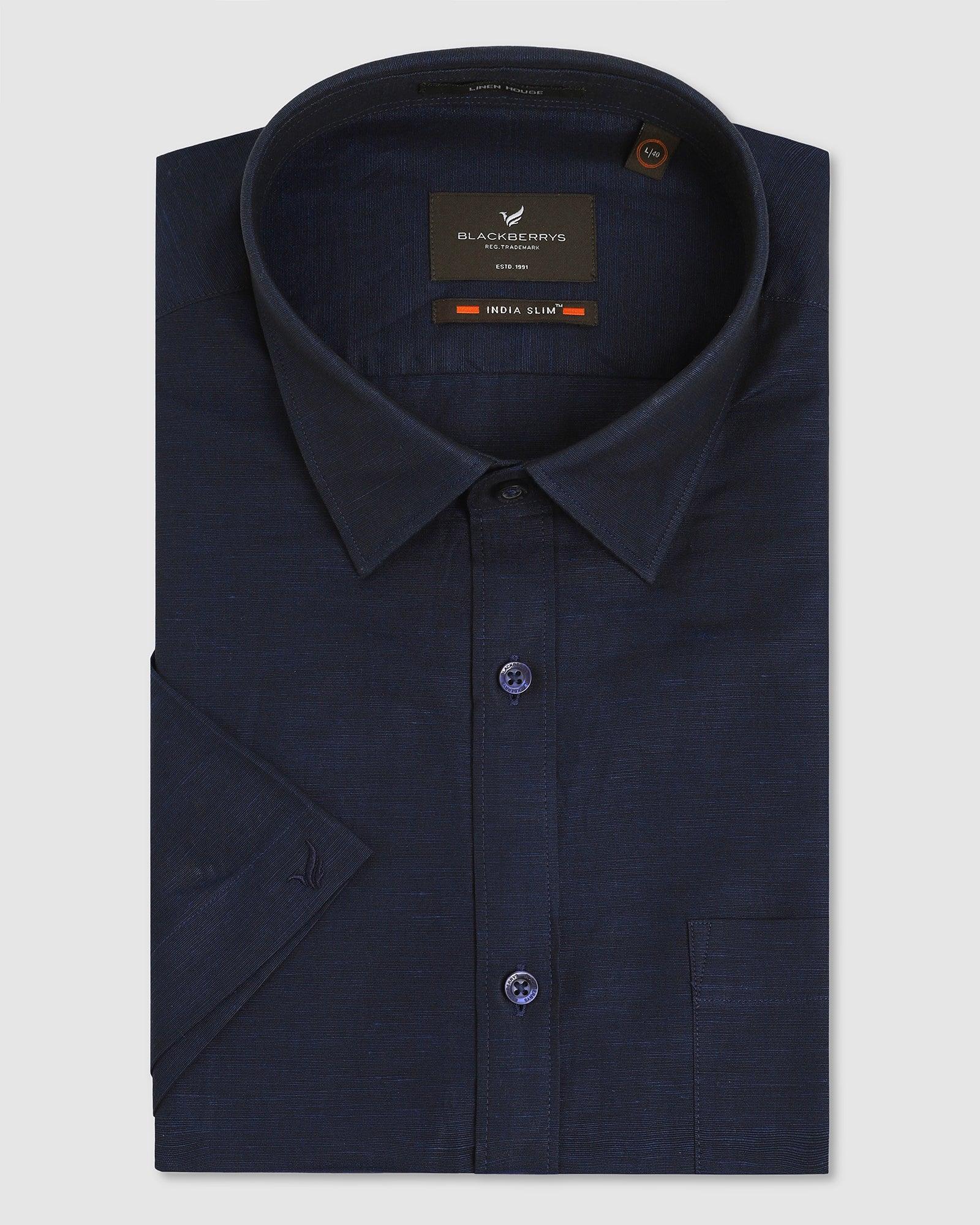 Linen Formal Half Sleeve Blue Solid Shirt - Dino