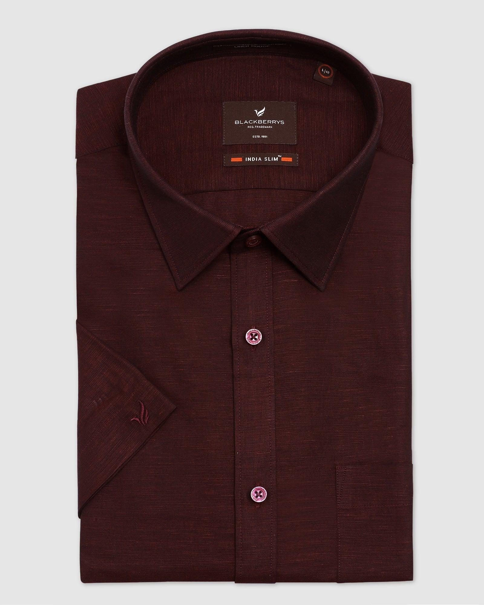 Linen Formal Half Sleeve Maroon Solid Shirt - Dino