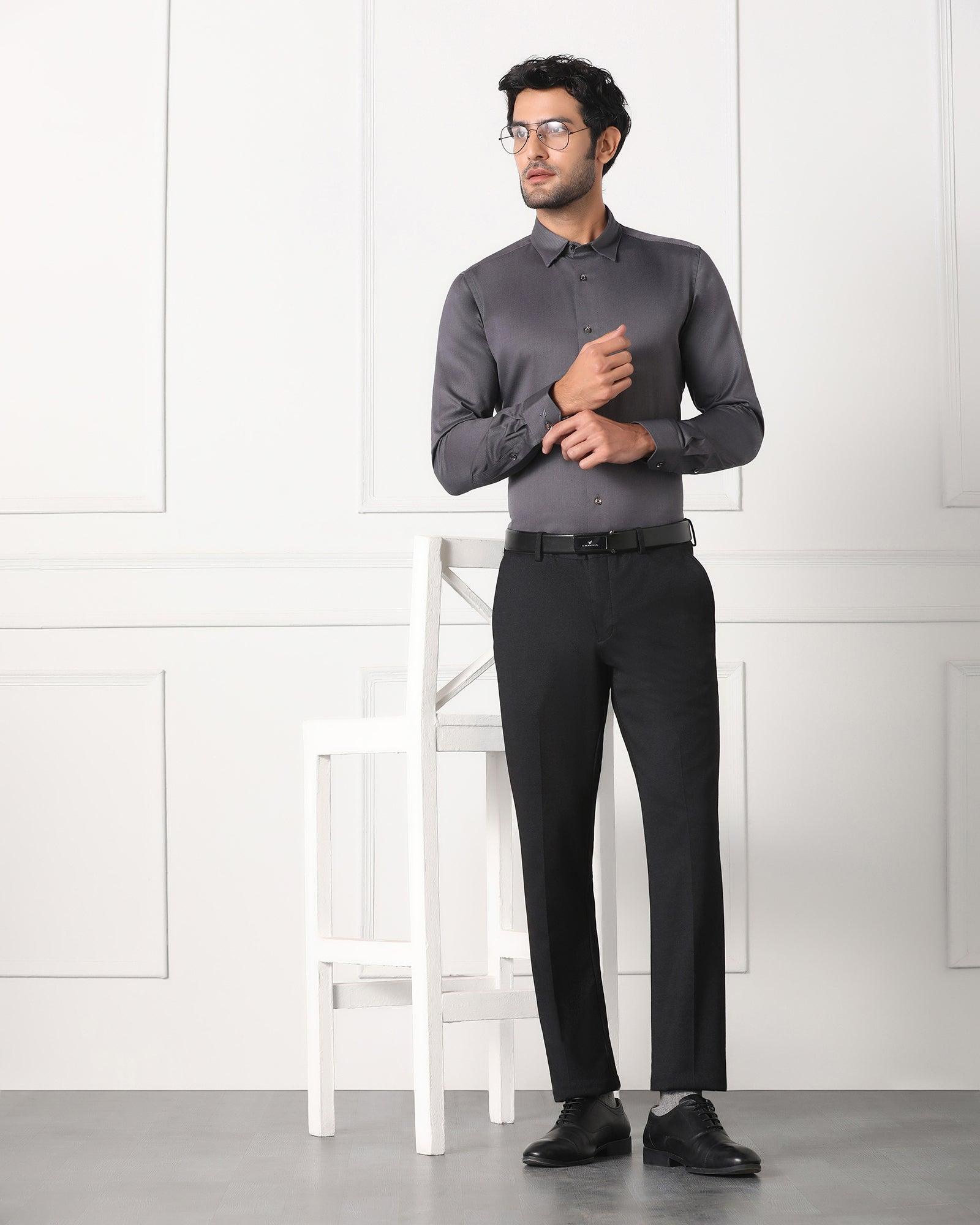 formal dress for men black shirt and grey pant Black shirt paired with gray formal pants a perfect blend of simplicity and style. Visit us to get yours. . Follow @yash.designer.studio For the latest styles and trends. .
