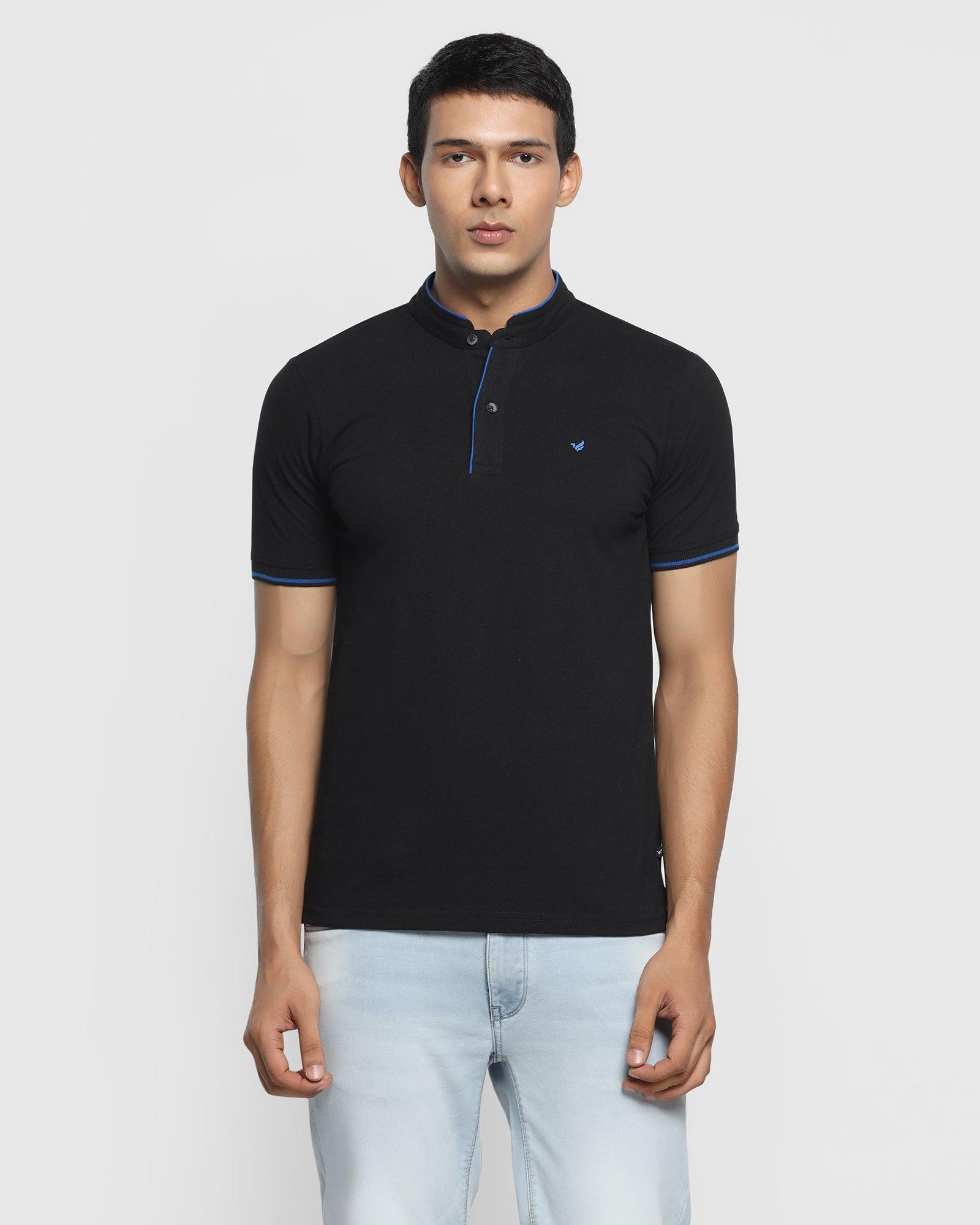 Mandarin Collar Black Solid T Shirt - Dom