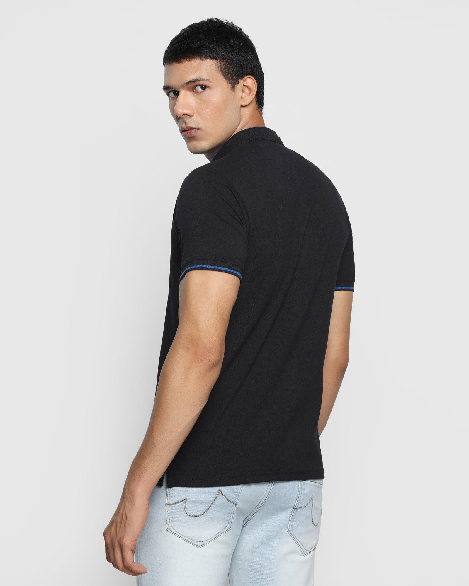 Mandarin Collar Black Solid T Shirt - Dom