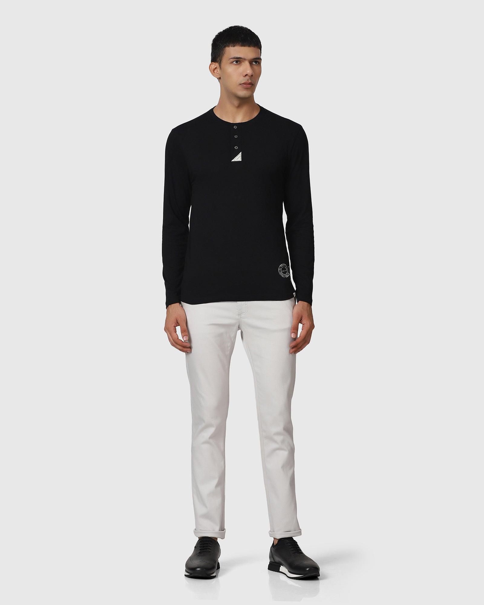 Henley Collar Black Solid T Shirt - Leather