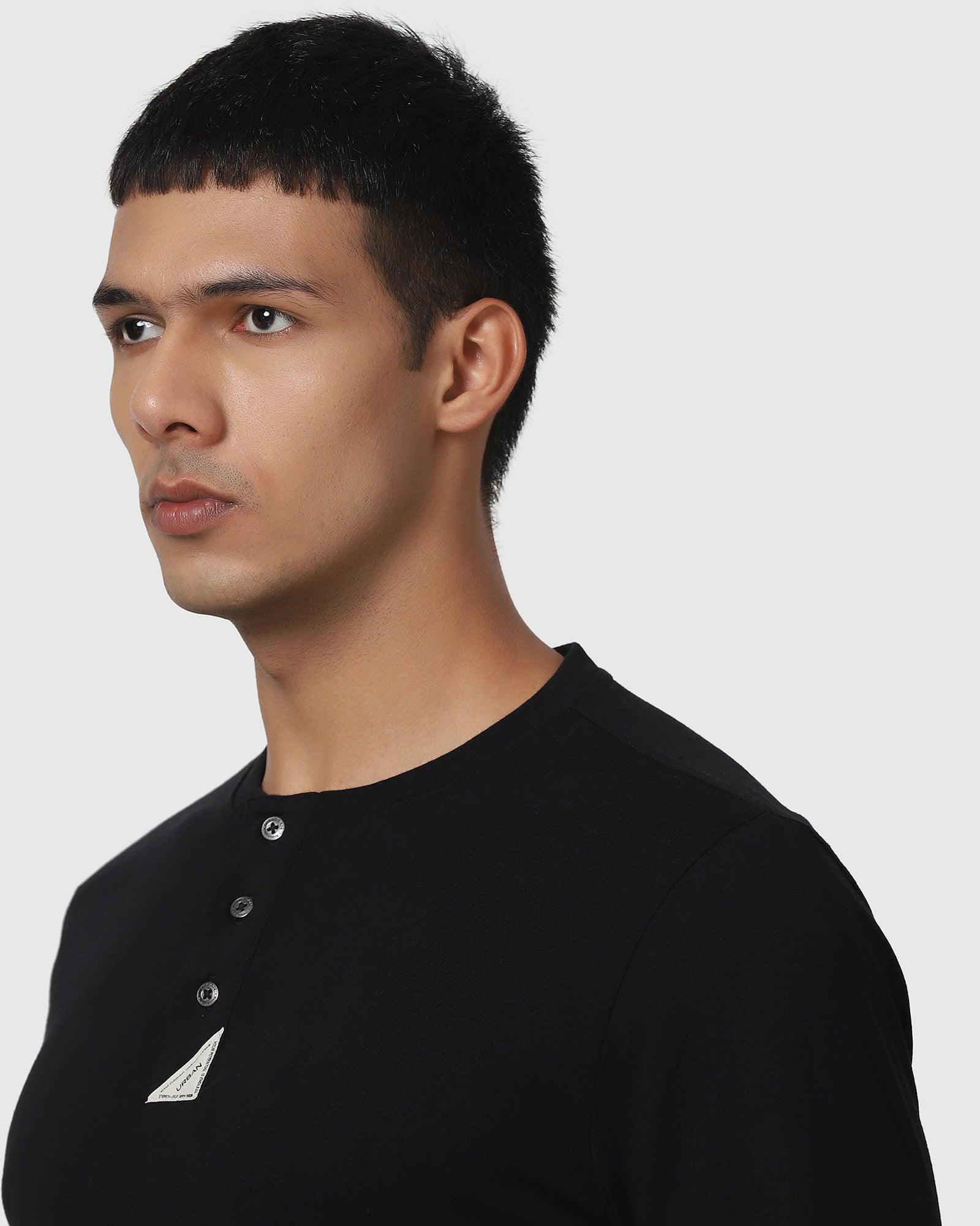 Henley Collar Black Solid T Shirt - Leather