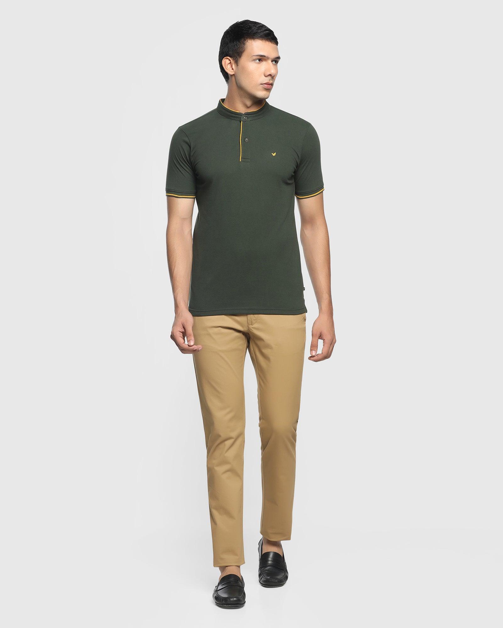 Mandarin Collar Olive Solid T Shirt - Dom