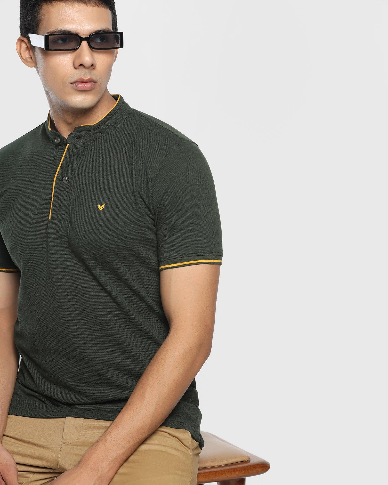 Mandarin Collar Olive Solid T Shirt - Dom