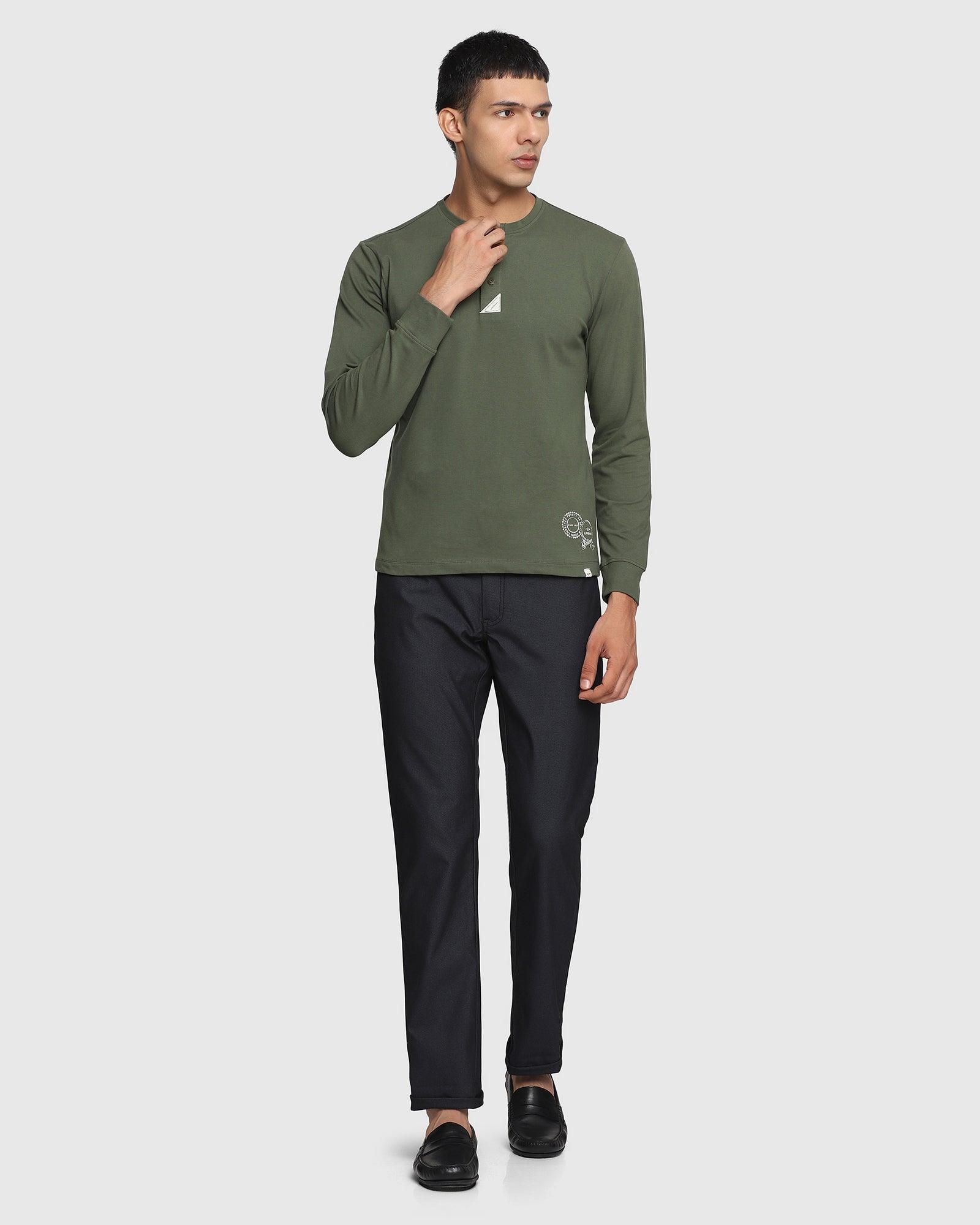 Henley Collar Olive Solid T Shirt - Leather