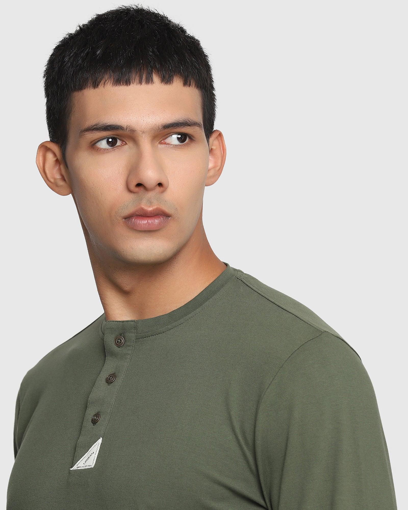 Henley Collar Olive Solid T Shirt - Leather