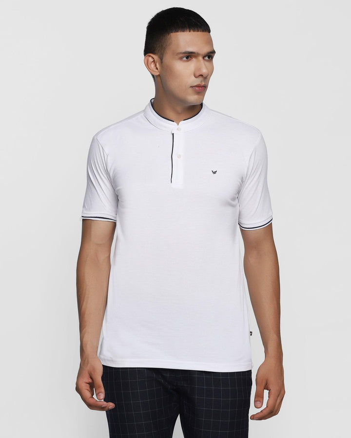 Mandarin Collar White Solid T-Shirt - Dom