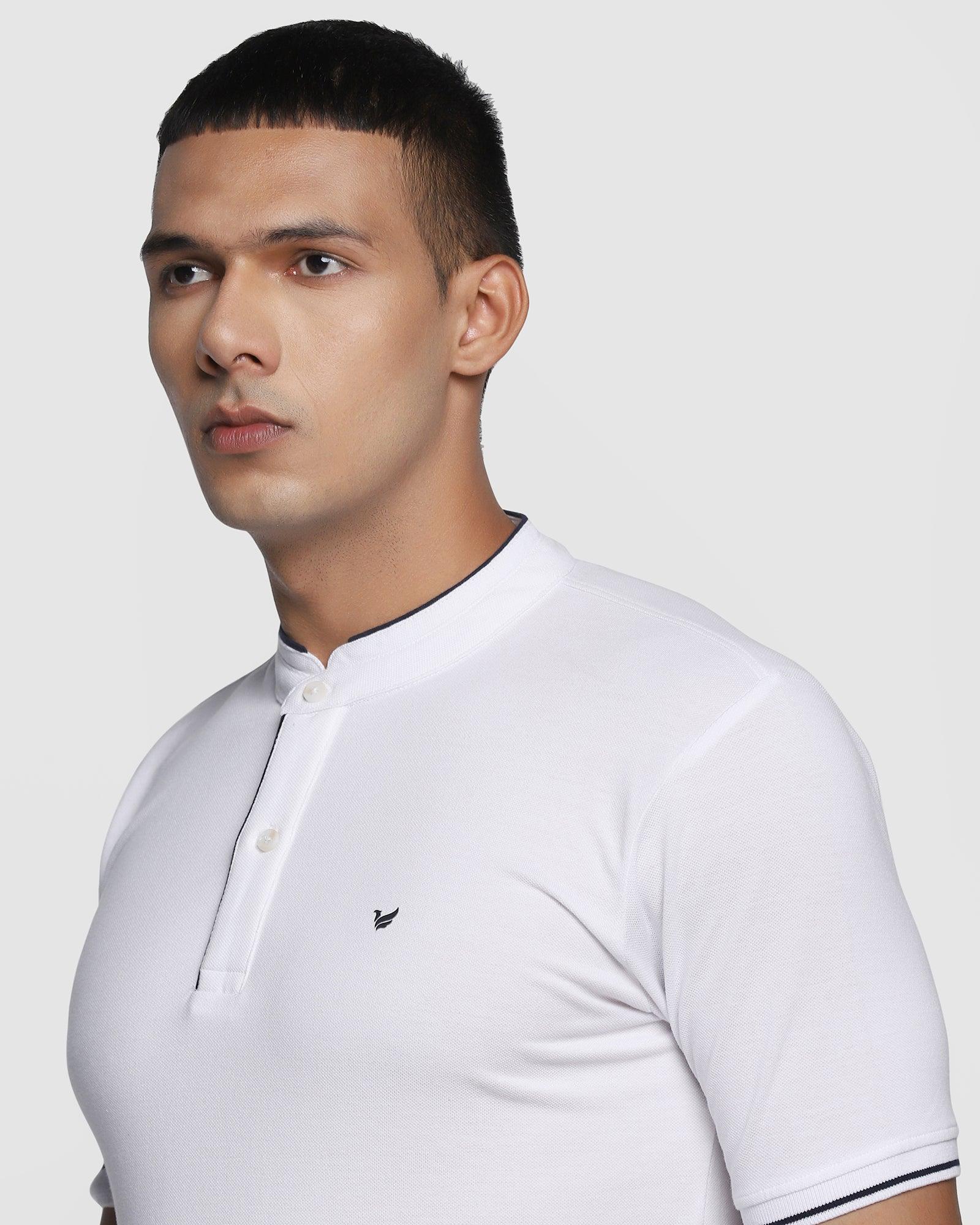 Mandarin Collar White Solid T Shirt - Dom