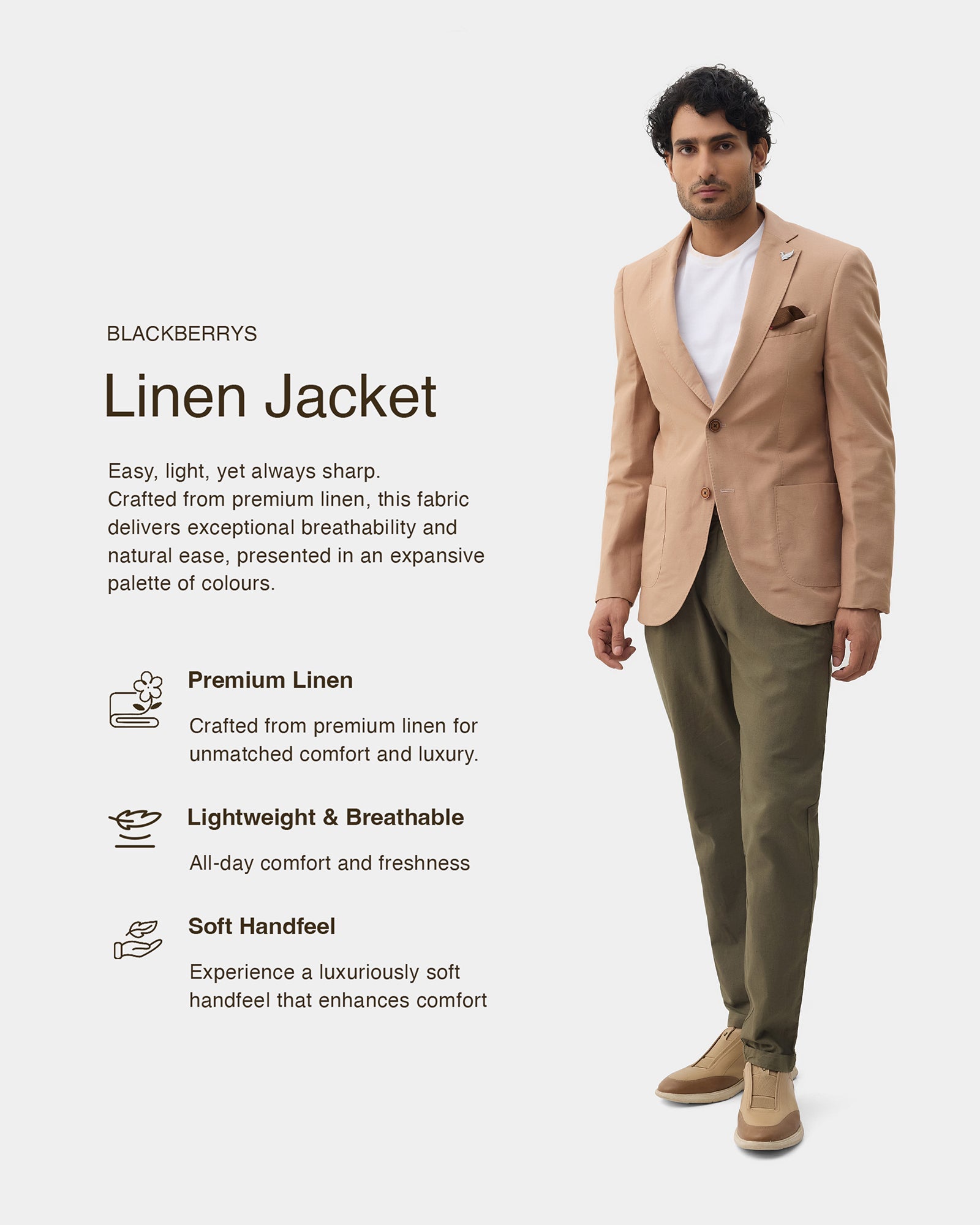 Khaki Linen Solid Blazer - Juno