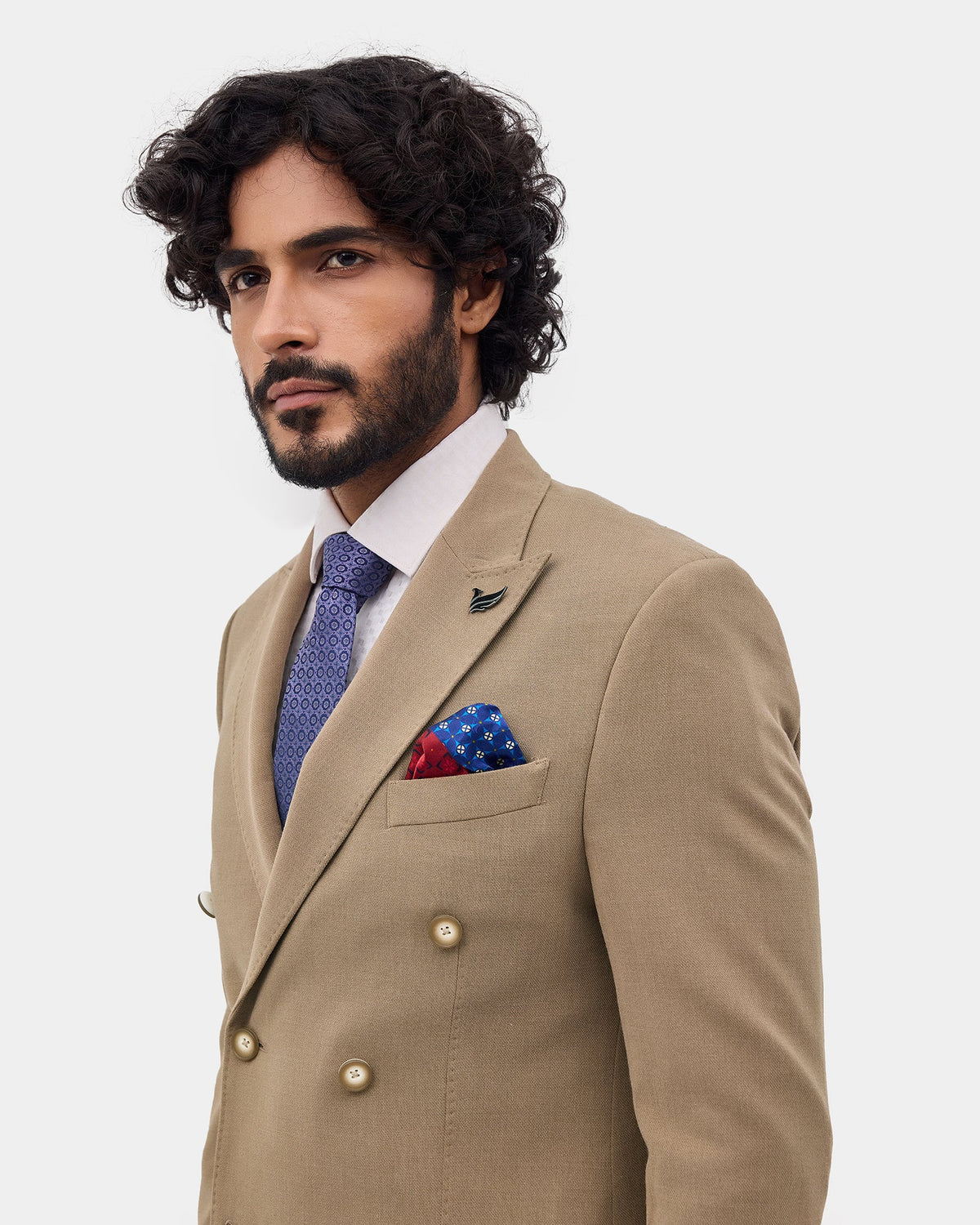 Khaki Two Piece Double Breasted Textured Suit - Lemok