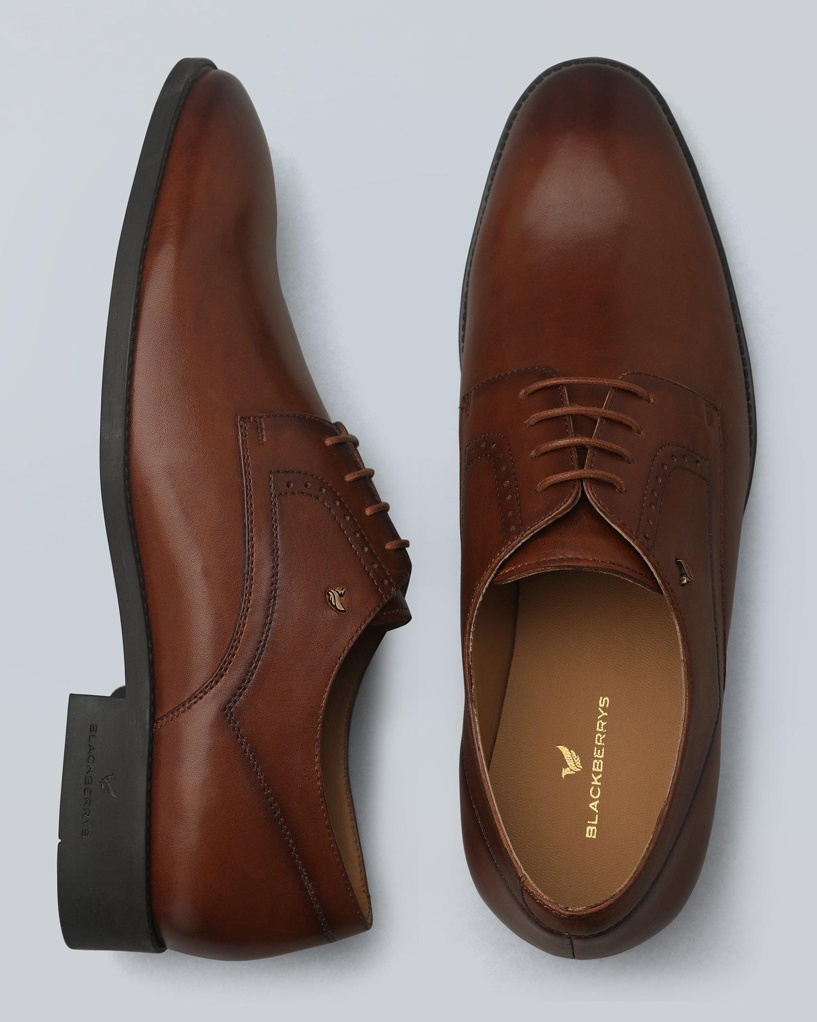 Leather Tan Solid Derby Shoes - Okapi