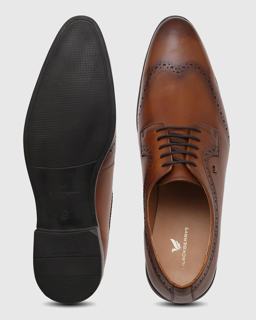 Leather Tan Solid Derby Shoes - Qoet