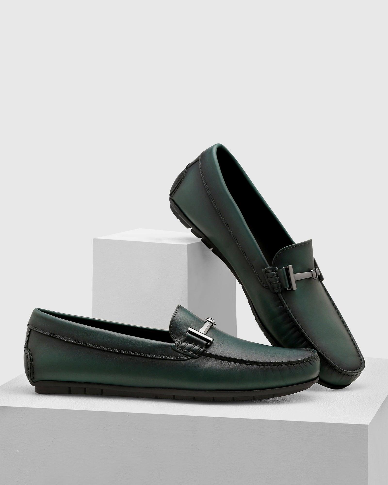 Leather Casual Dark Green Solid Loafers Shoes Qanali