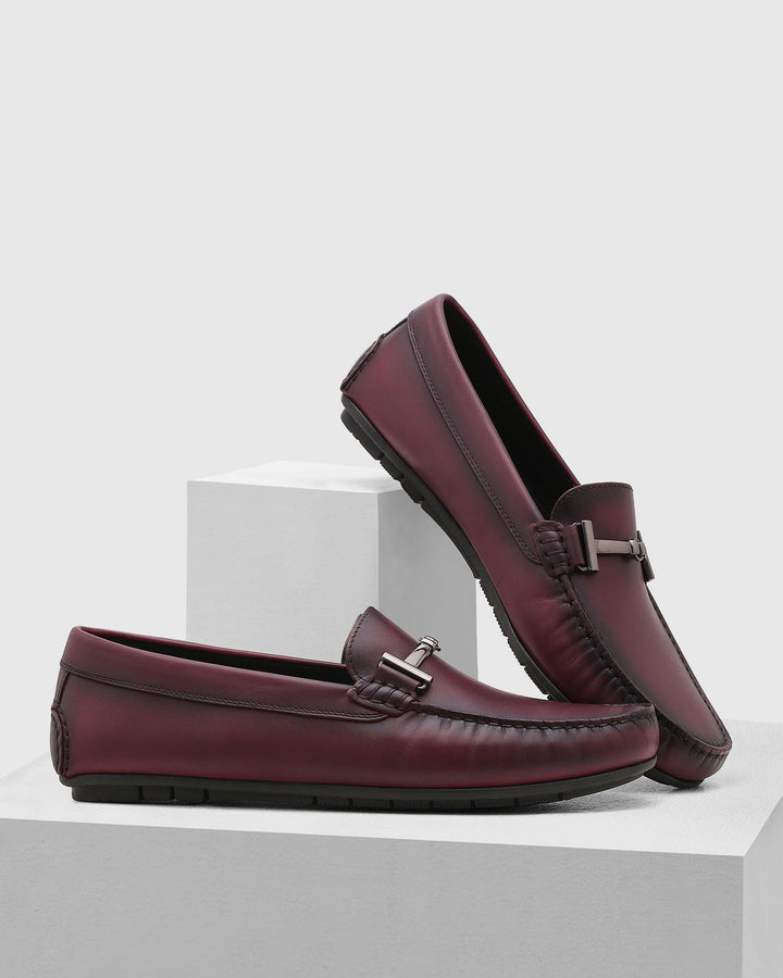 Leather Casual Wine Solid Loafers Shoes - Qanali