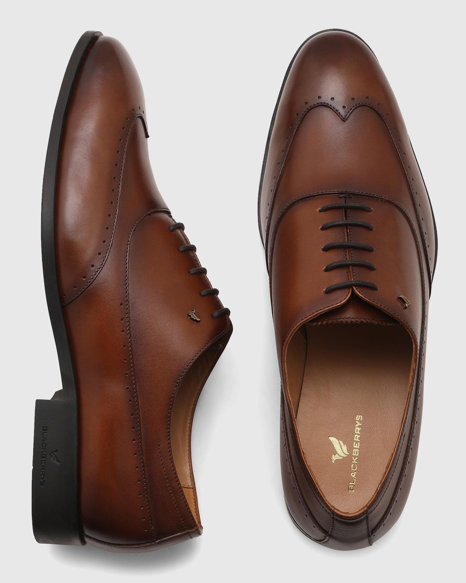 Leather Tan Solid Oxford Shoes - Qusso