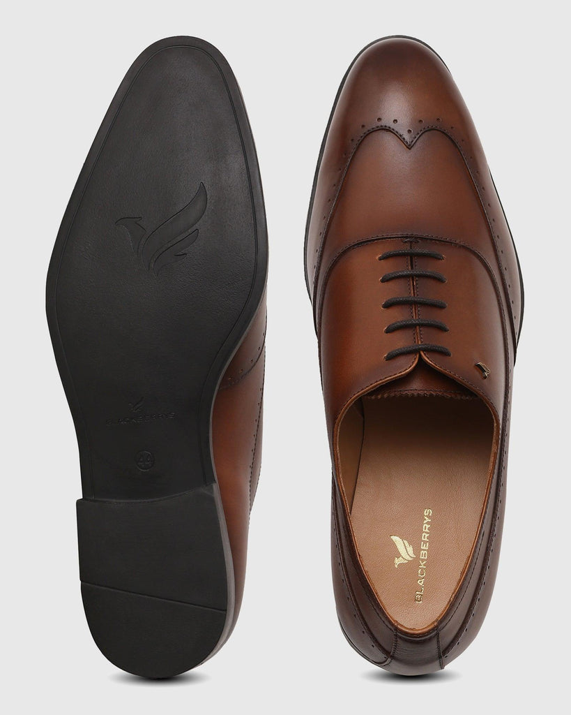 Leather Tan Solid Oxford Shoes - Qusso