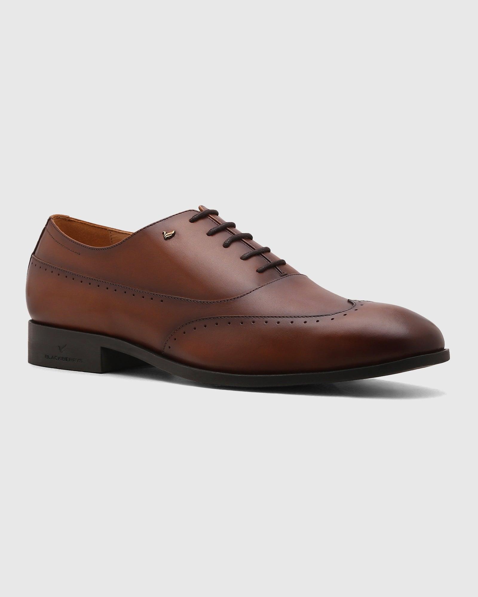 Leather Tan Solid Oxford Shoes - Qusso