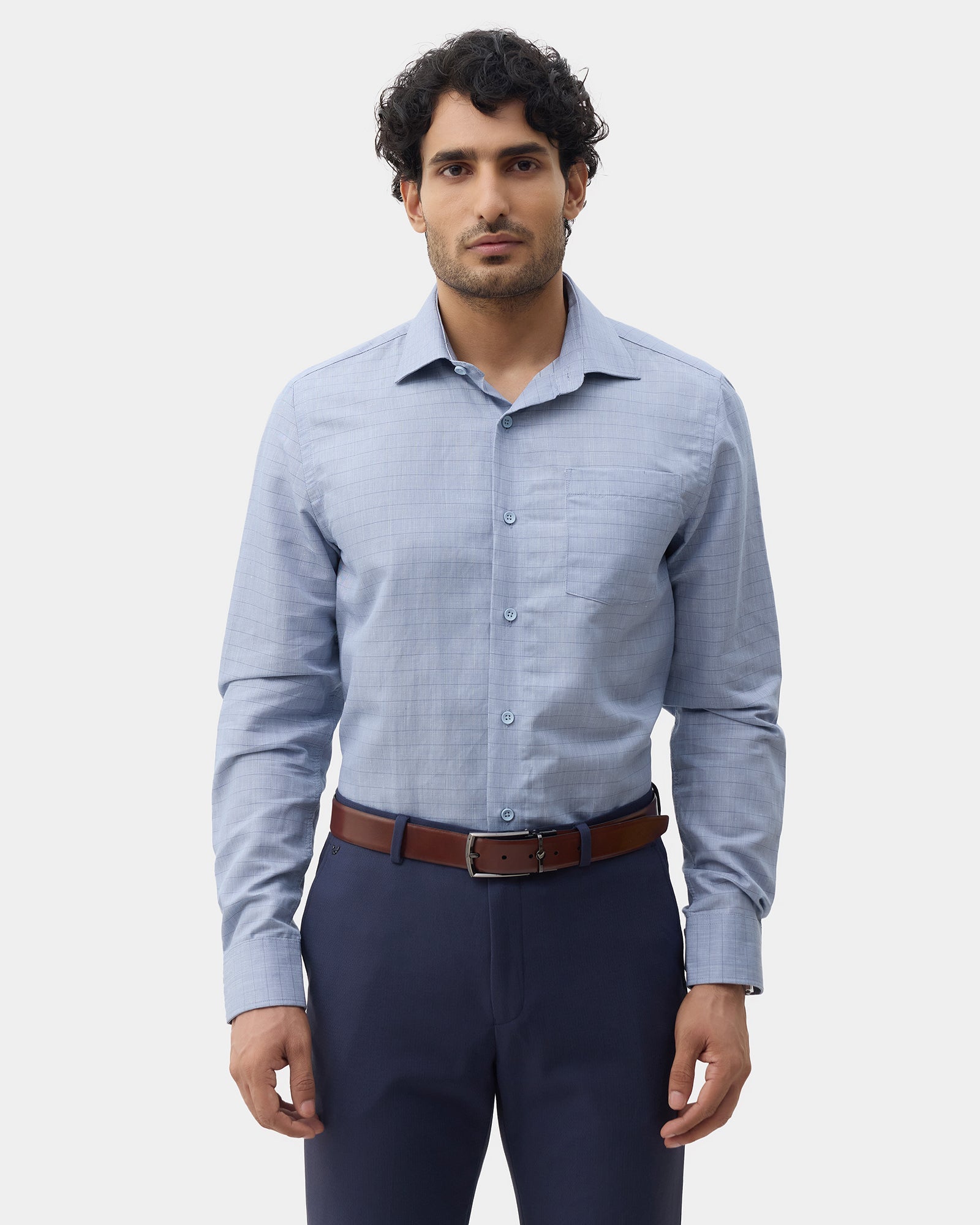 Mid Blue Linen Check Shirt - Kayson