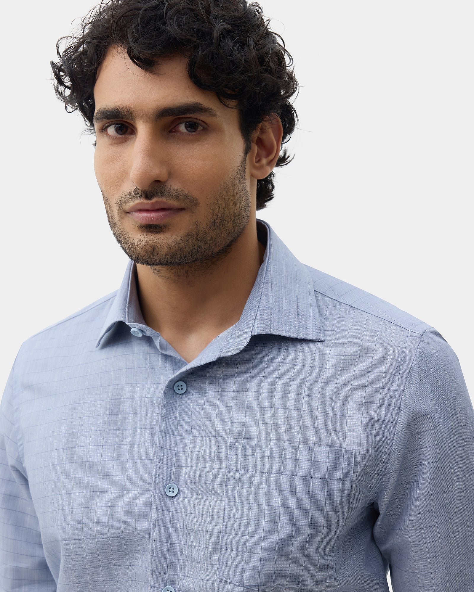 Mid Blue Linen Check Shirt - Kayson