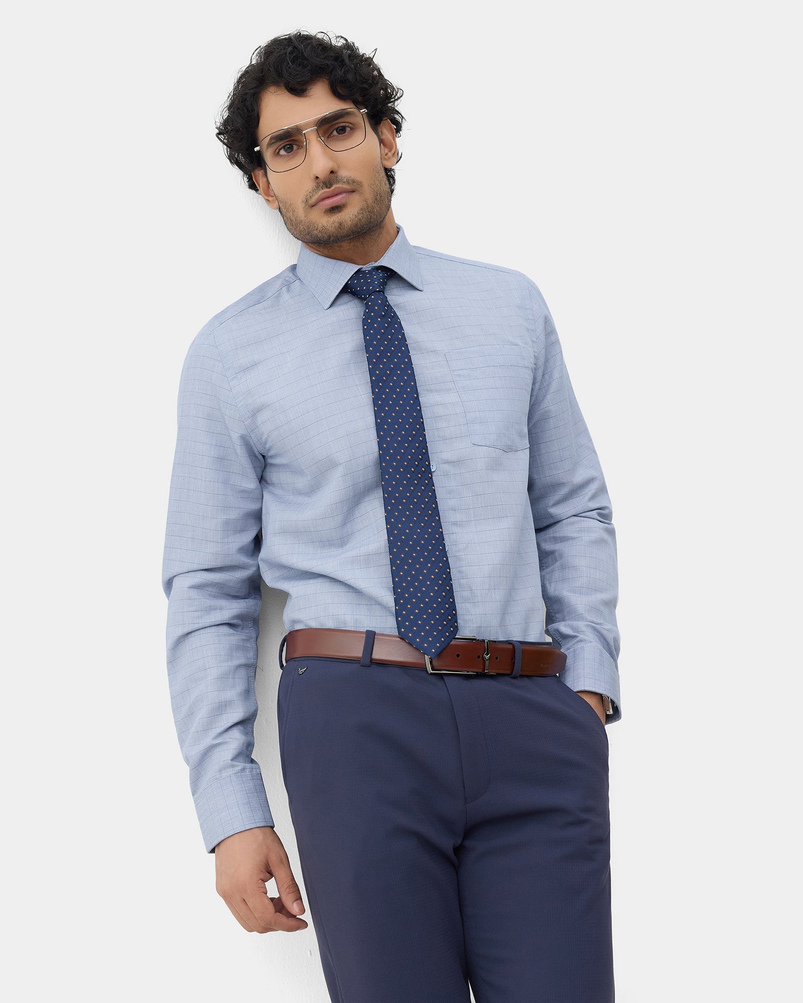 Mid Blue Linen Check Shirt - Kayson