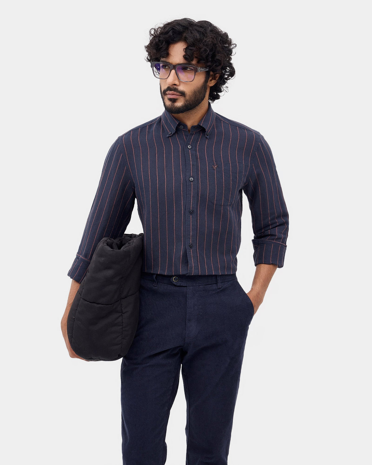 Mid Blue Linen Button Down Stripe Shirt - Proba