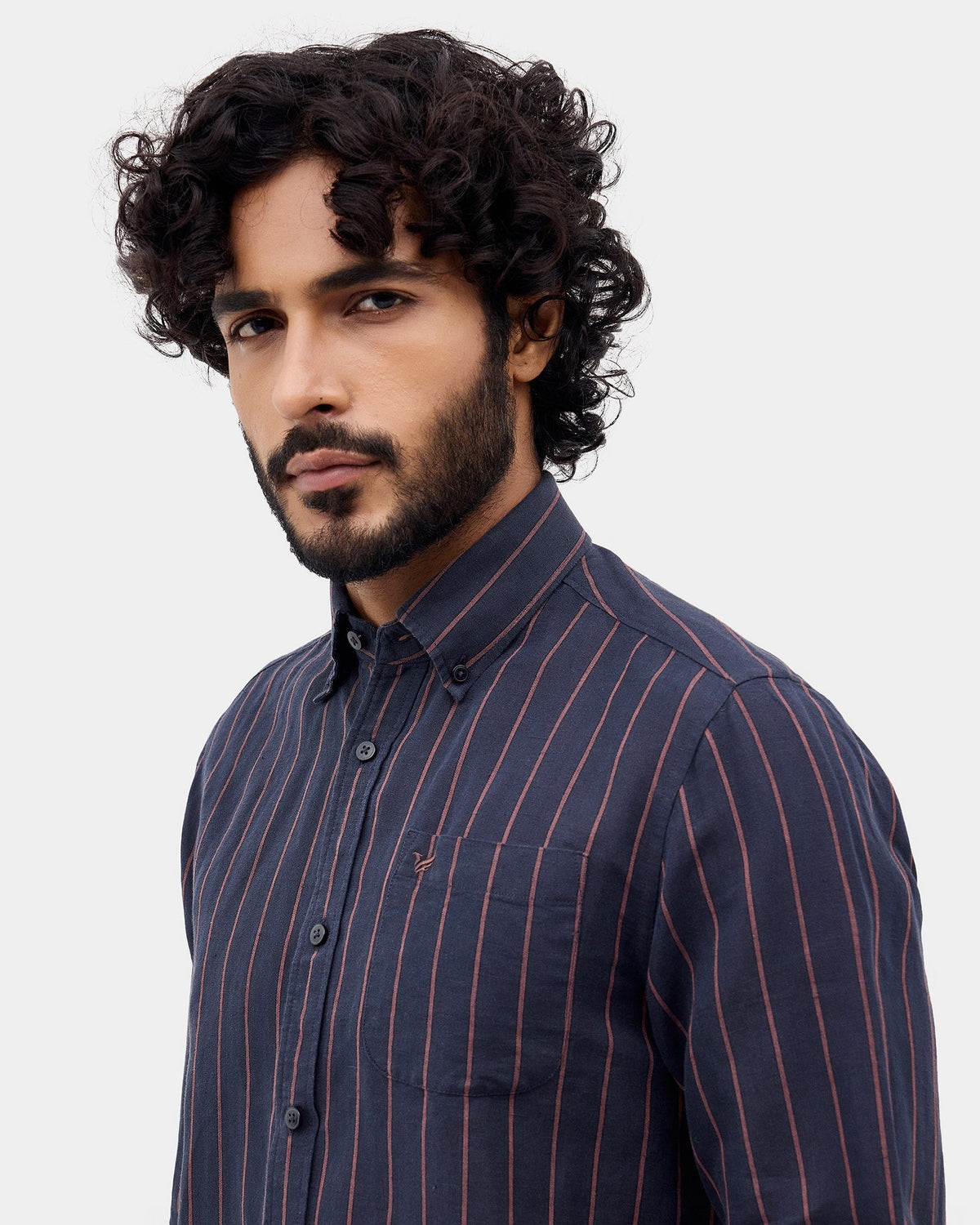 Mid Blue Linen Button Down Stripe Shirt - Proba