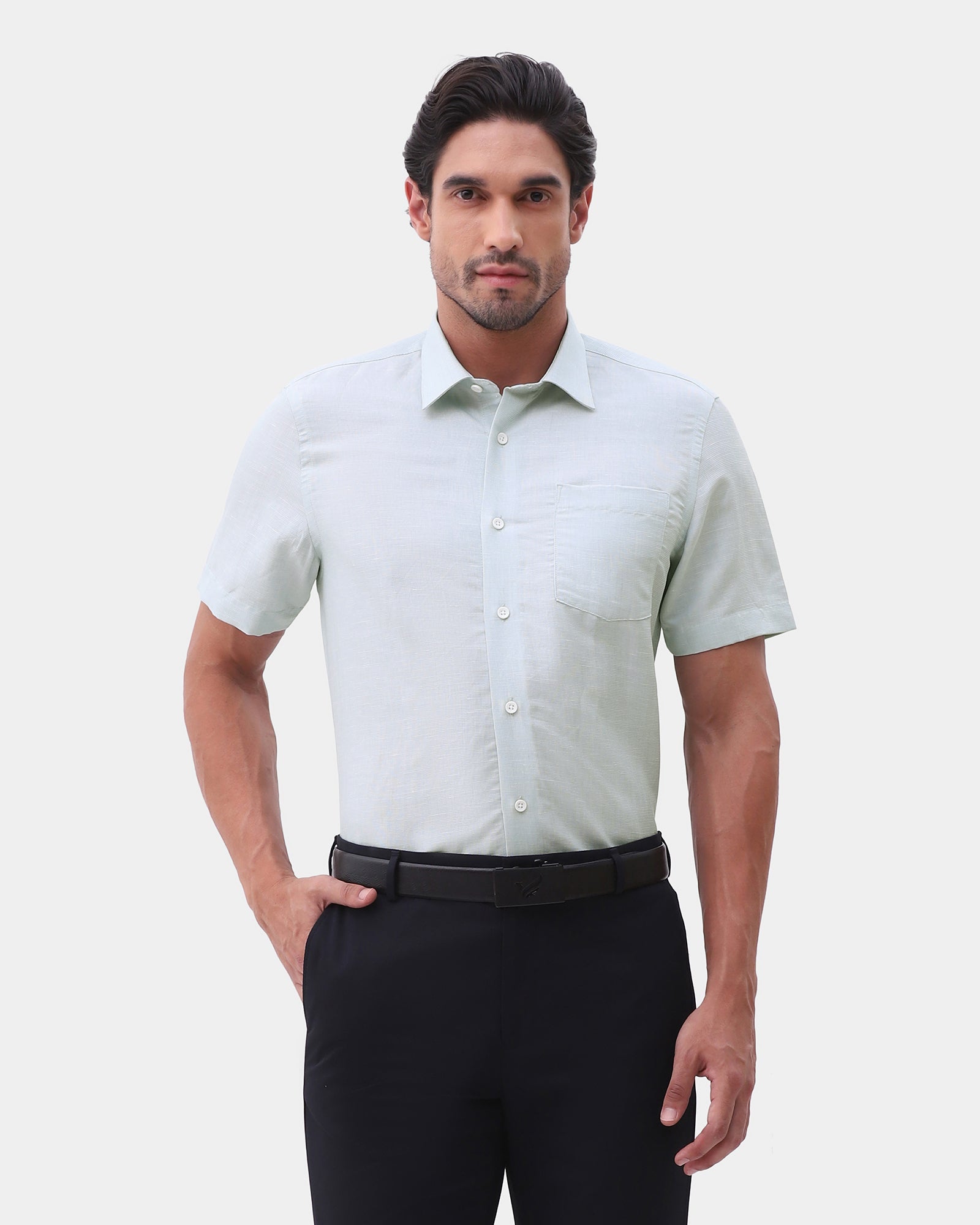 Mint Half Sleeve Linen Textured Shirt - Karter