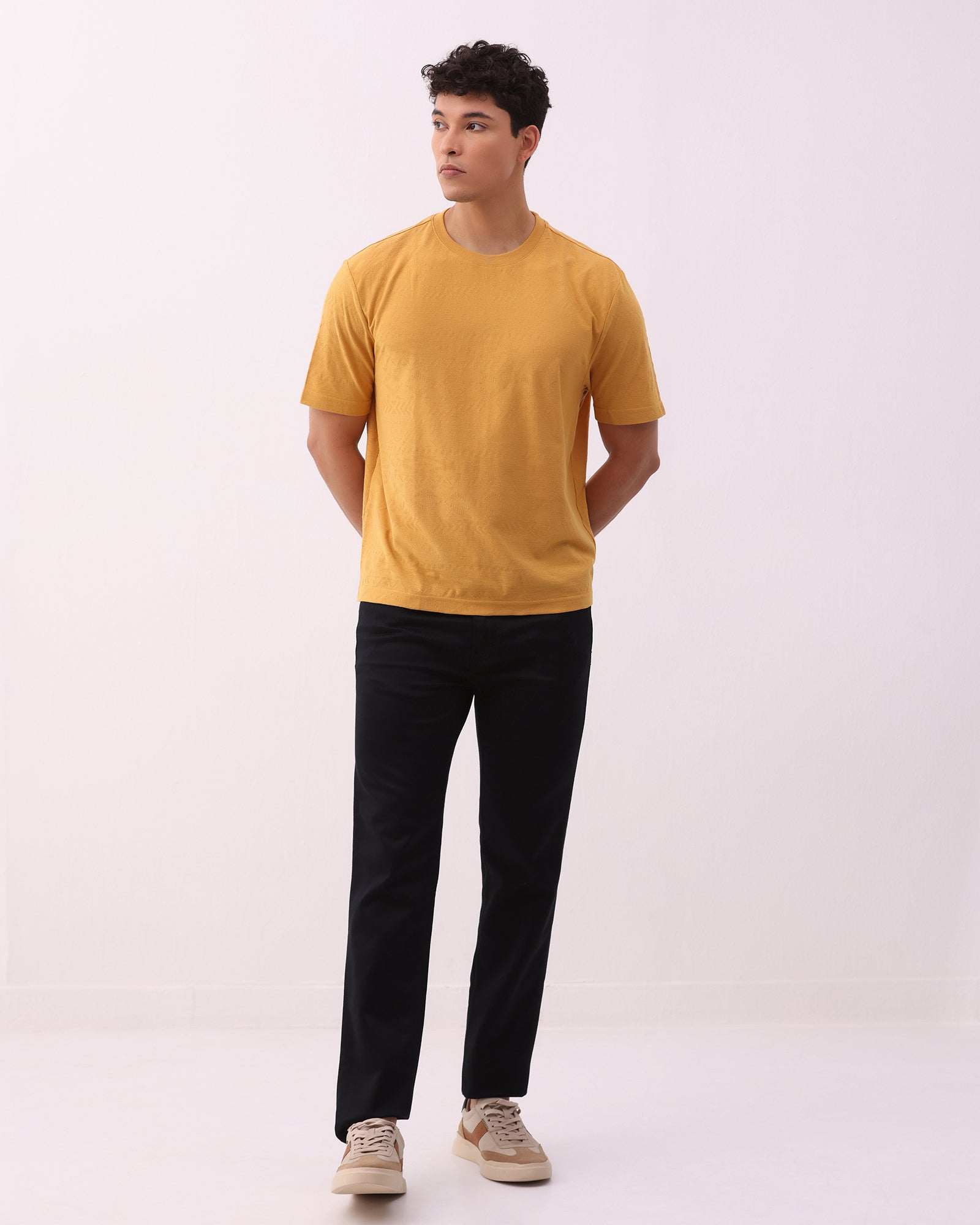 Mustard Crew Neck Textured T-Shirt - Rubeus