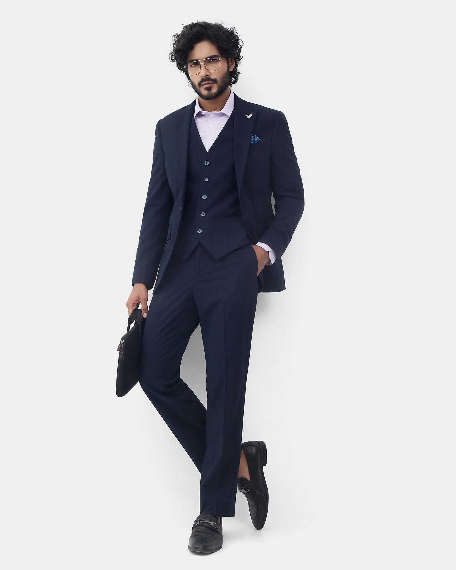 Navy Three Piece Check Suit - Rebel