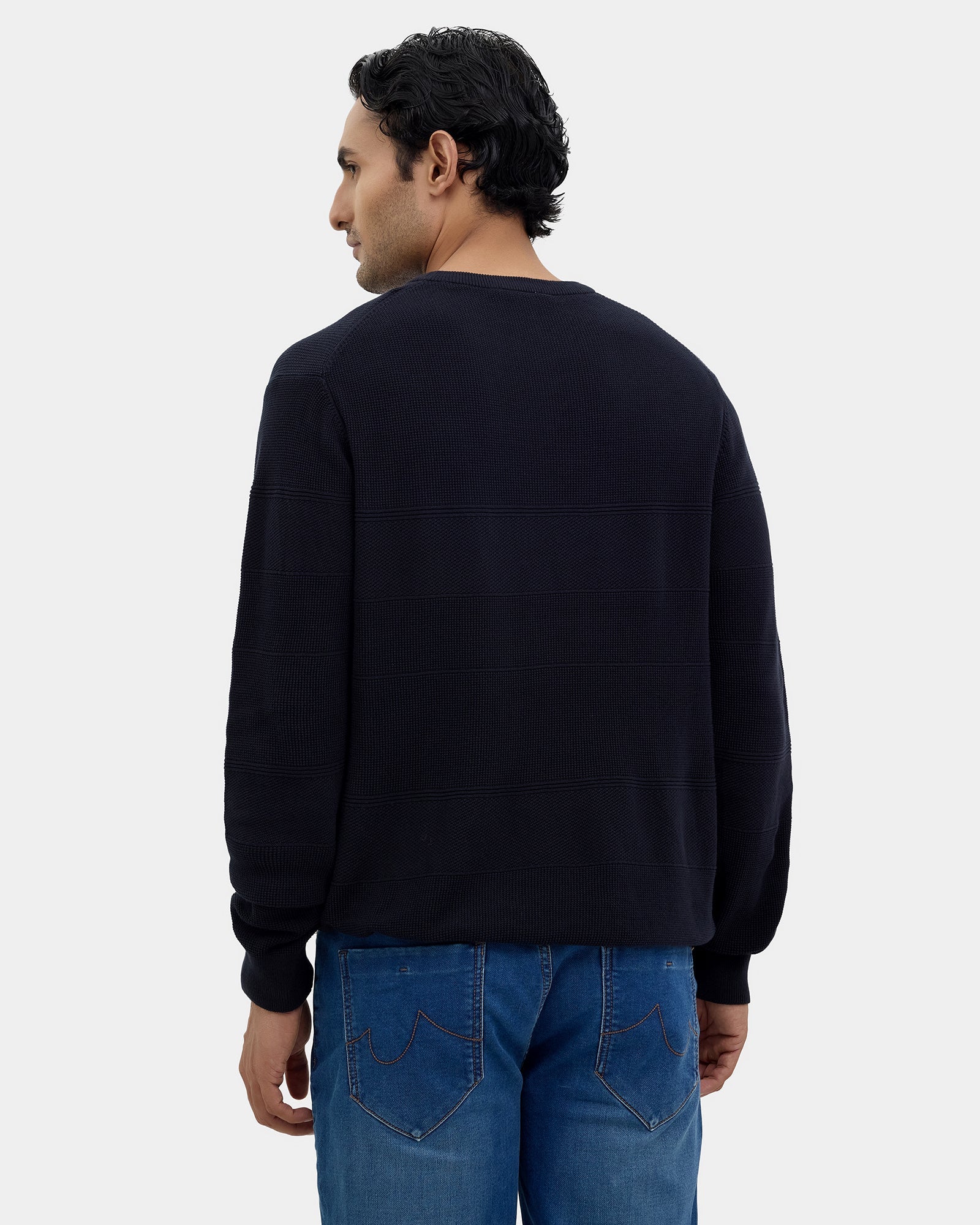 Navy Crew Neck Textured Sweater - Drool