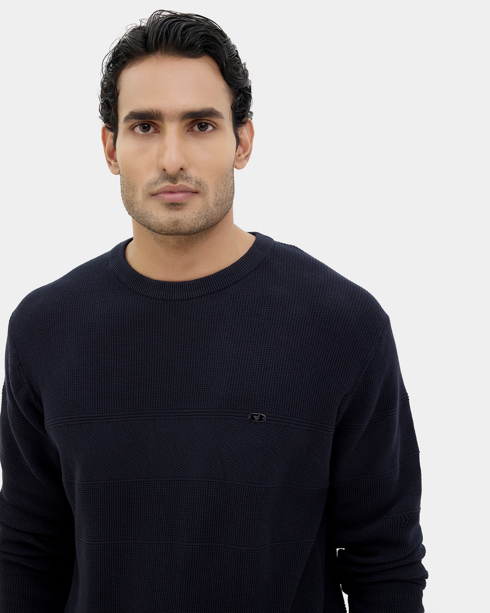 Navy Crew Neck Textured Sweater - Drool