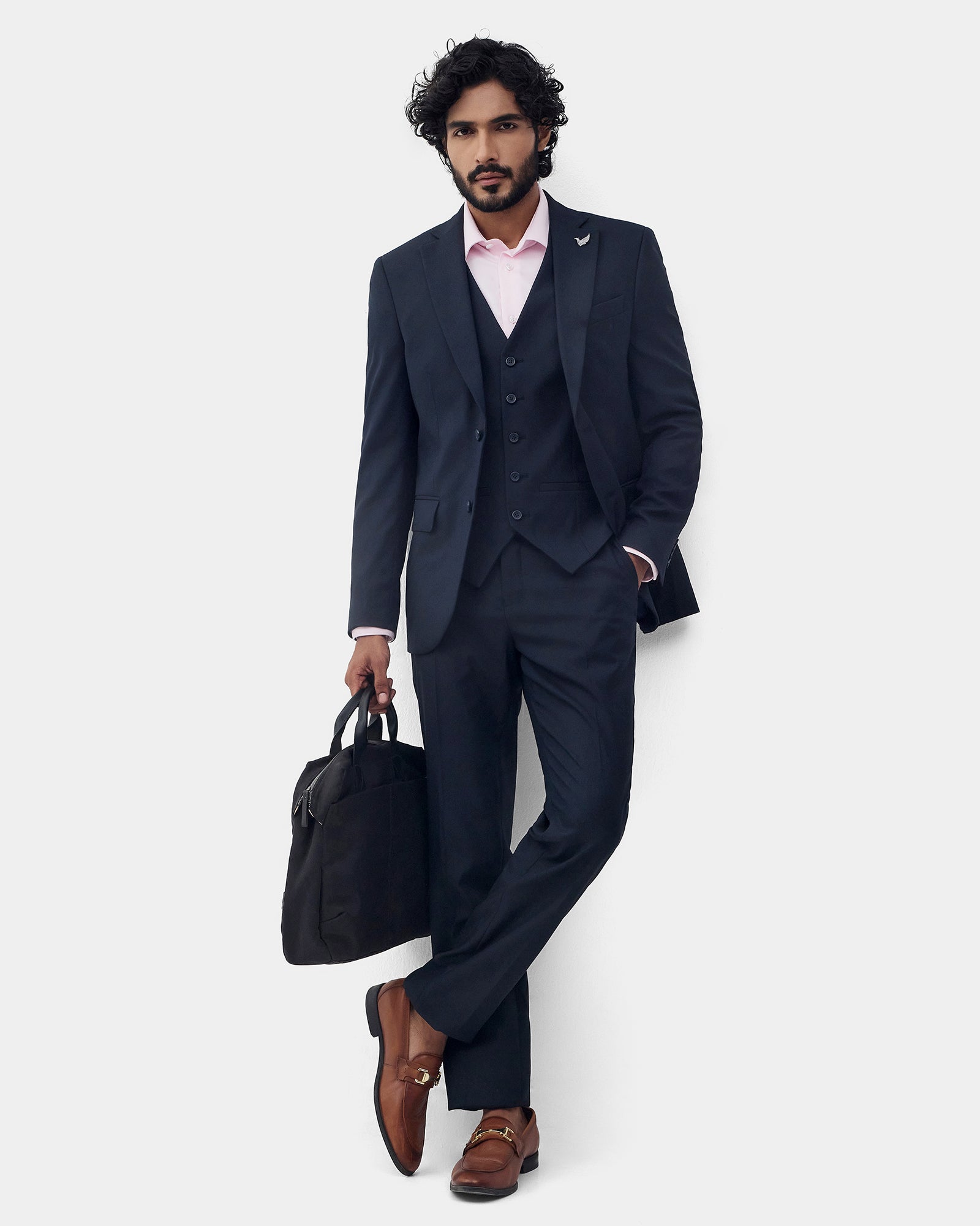 Navy Three Piece Textured Suit - Kobel