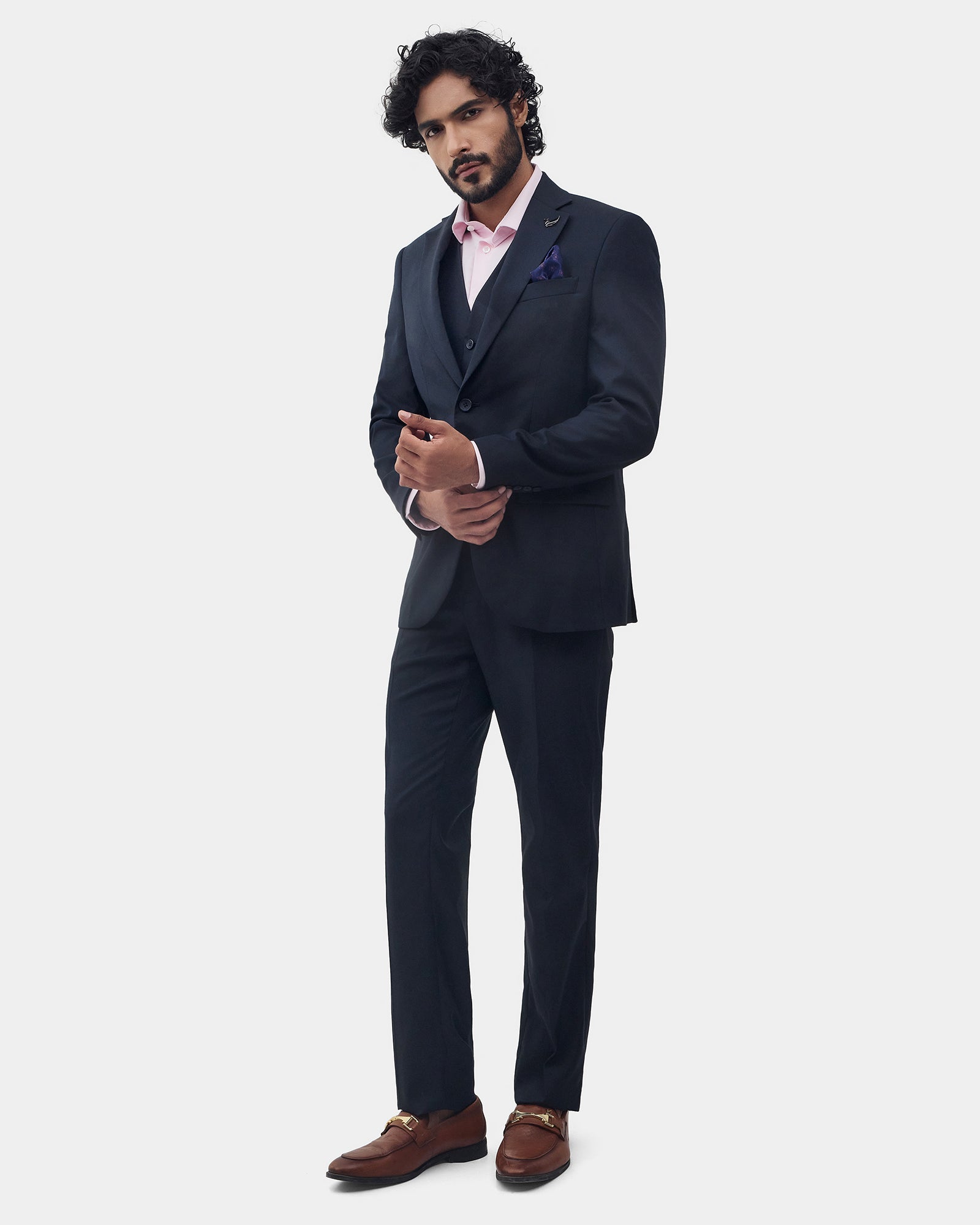 Navy Three Piece Textured Suit - Kobel