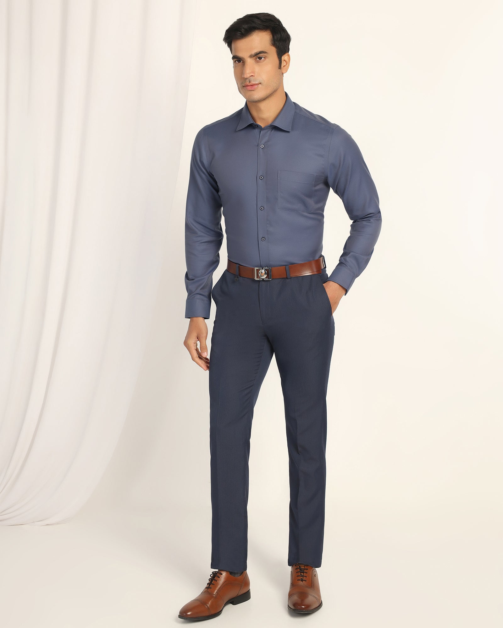 Non Iron Formal Mid Blue Textured Shirt - Bridge