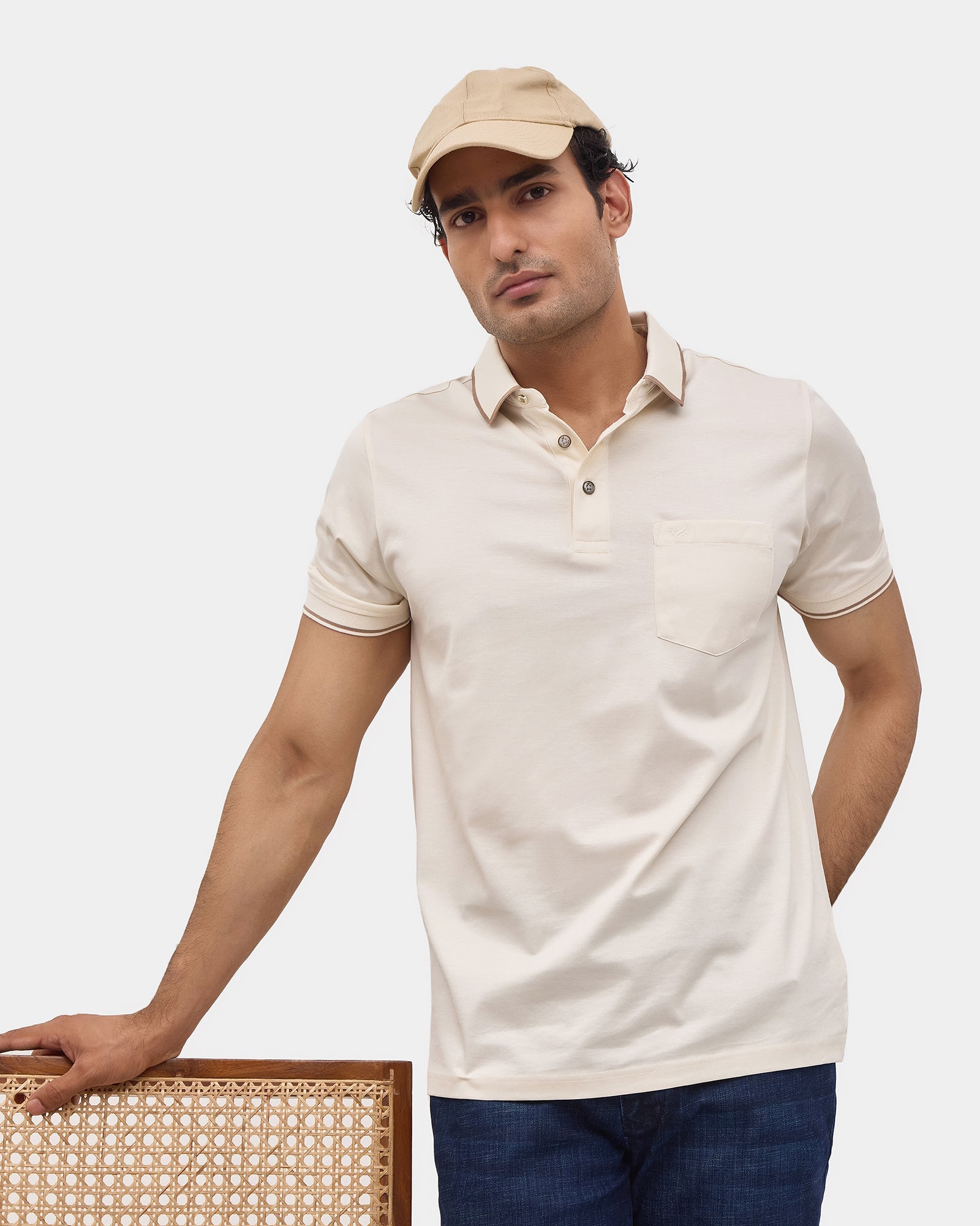 Off White Solid Polo - Ae Ryun