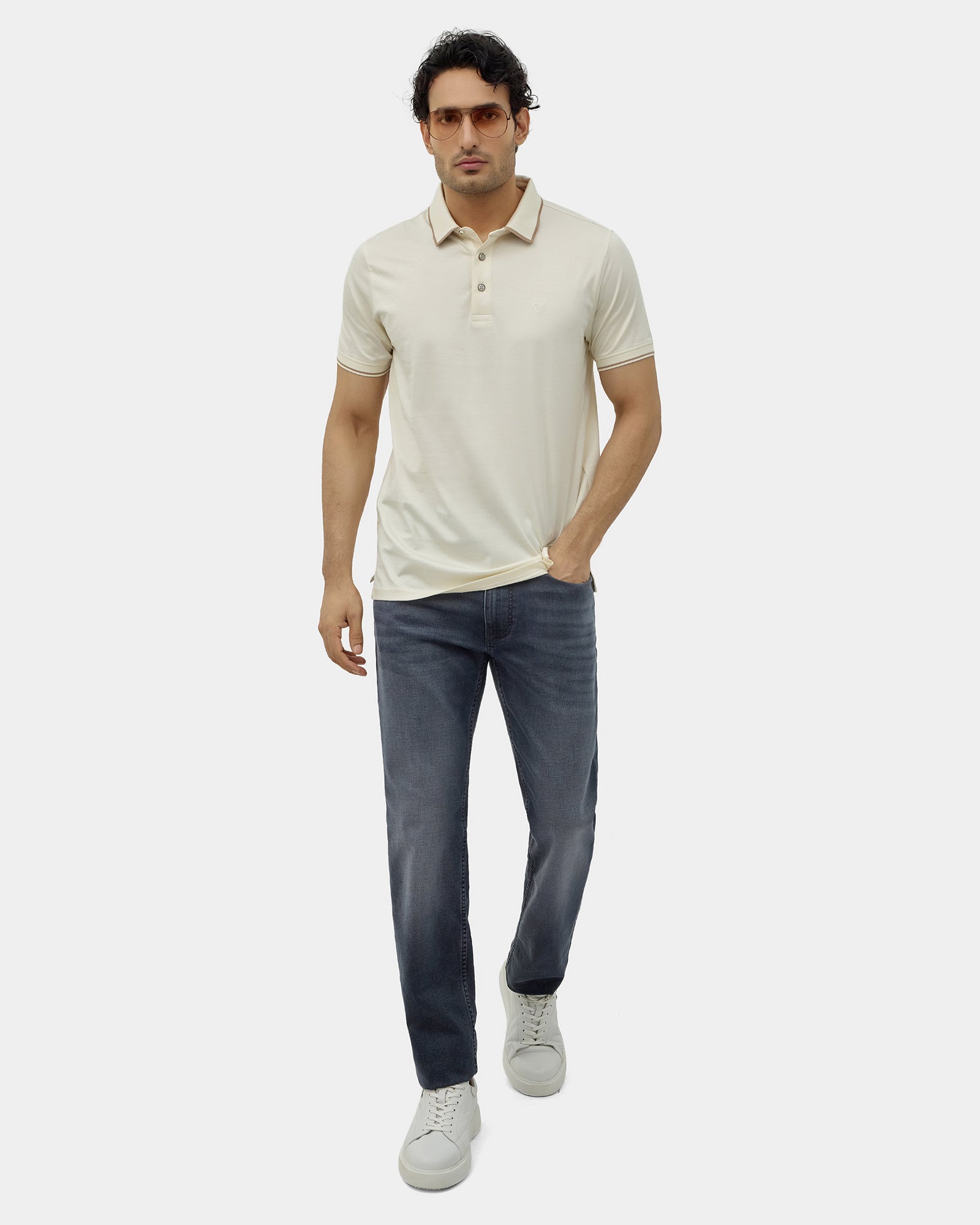 Off White Solid Polo - Ae Ryun